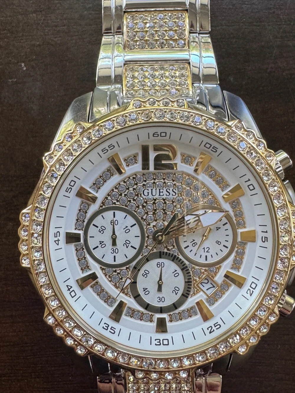 NEW GUESS Men’s Crystal Multifunction Watch Silver Gold Dress Watch